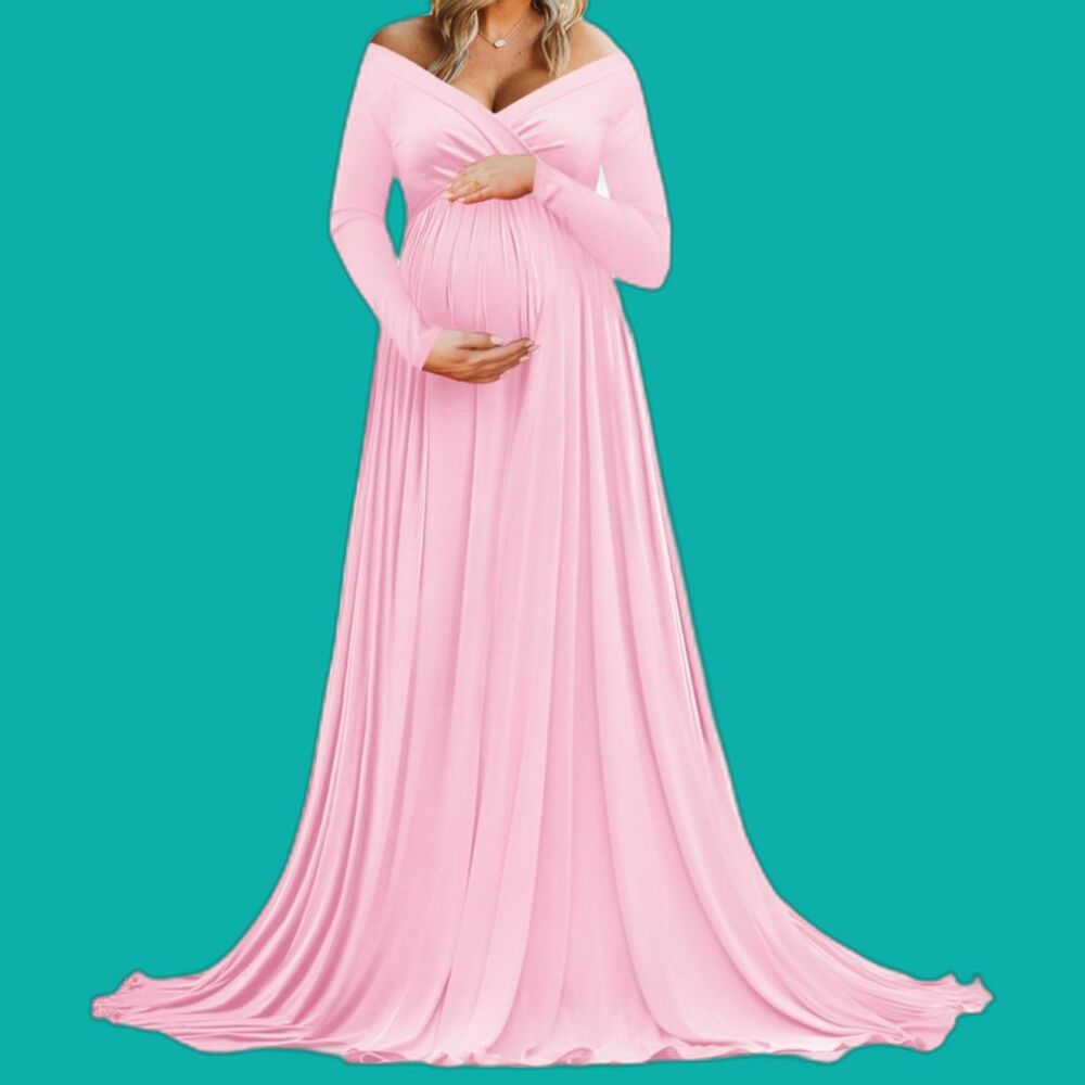 Saslax Maternity Off Shoulders Long Sleeve Gown Baby Photo Dress Pink Size Small